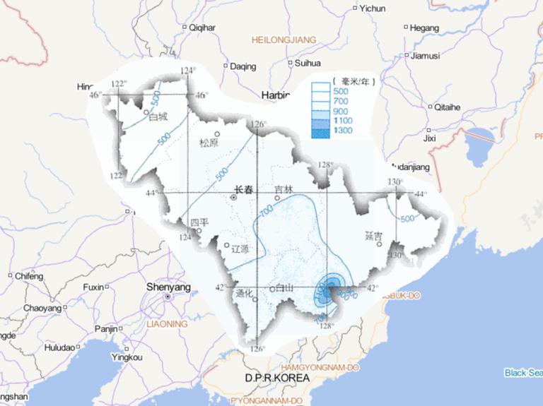 Online map of annual precipitation in Jilin Province, China