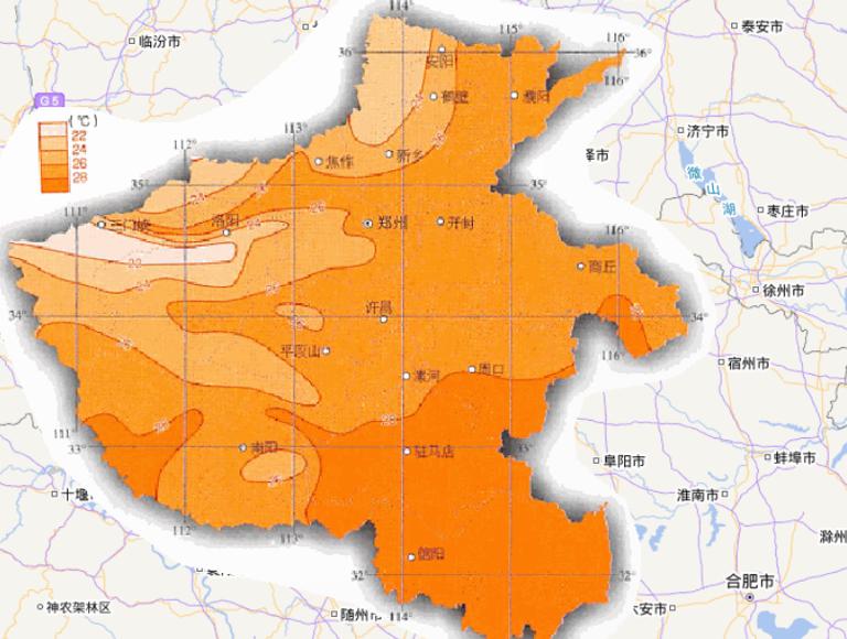 Online map of July average  temperature in Henan Province, China