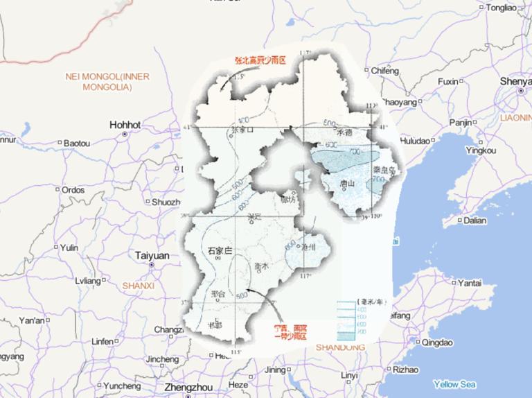 Online map of annual precipitation in Hebei Province, China