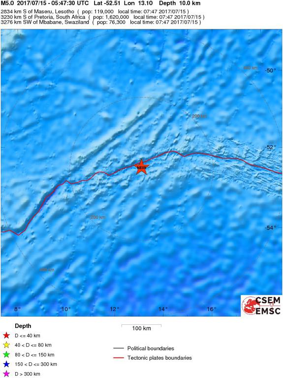 July 15, 2017 Earthquake Information of Southwest of Africa