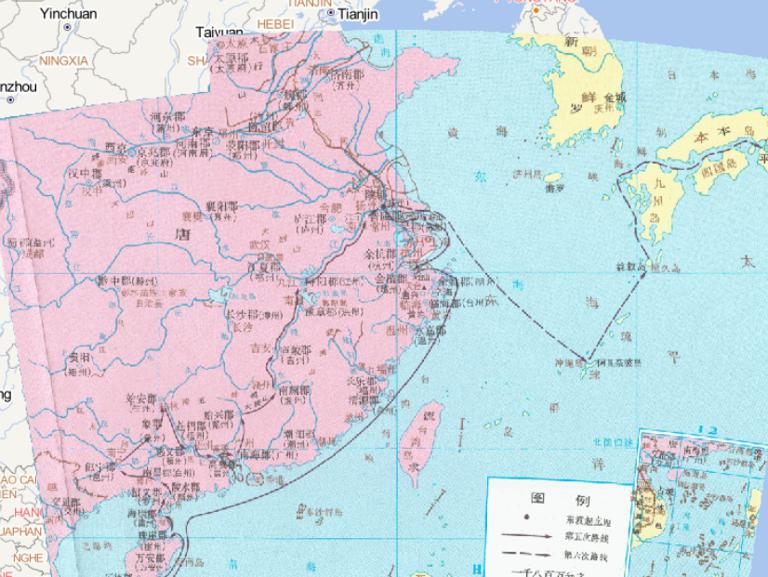 Online historical map of Jian Zhen's east-crossing to Japan in the Tang Dynasty (June 748-february 754)