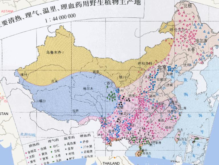 The main origin map of main heat, regulating vital energy, interior-warming, Li-blood of medicinal wild plants in China