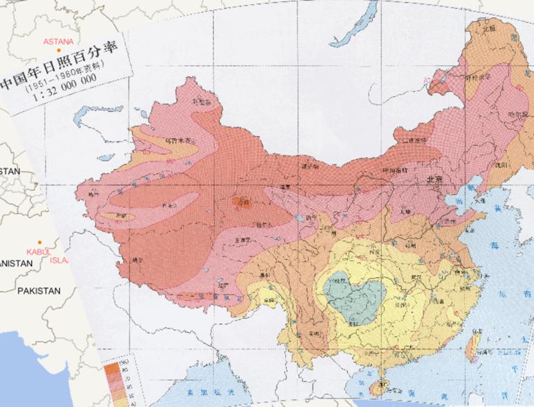 Online map of China annual sunshine percentage