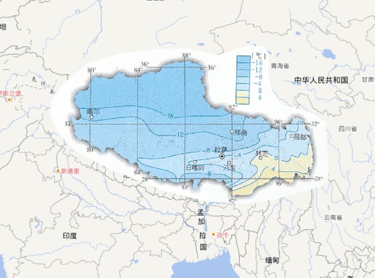 Online map of January average temperature in Tibet Autonomous Region of China