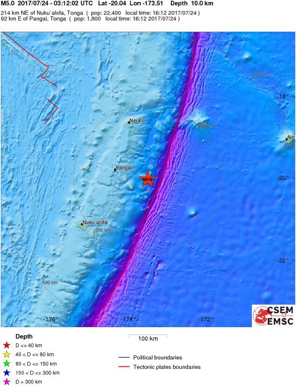 July 24, 2017 Earthquake Information of Tonga