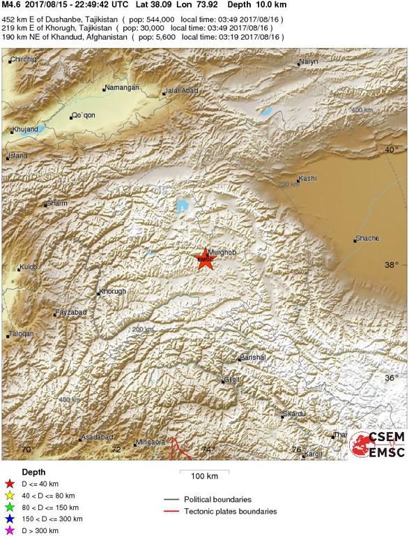 August 15, 2017 Earthquake Information of Tajikistan