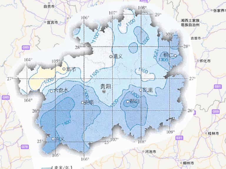 Online map of annual precipitation in Guizhou Province, China