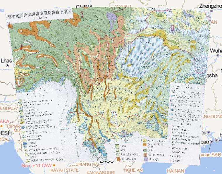 Vegetation types and soil map of vegetation in the west of central China