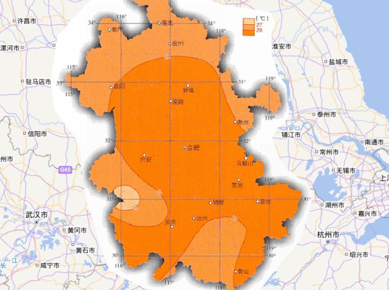 Online map of July average temperature in Anhui Province, China