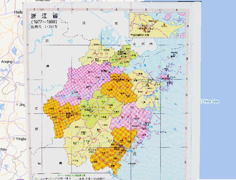 Historical map of administrative division (1977-1999) in Zhejiang Province, China