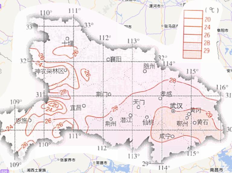 Online map of July average temperature in Hubei province, China