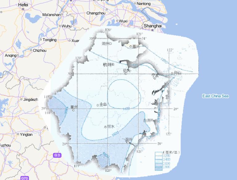 Online map of annual precipitation in Zhejiang Province, China