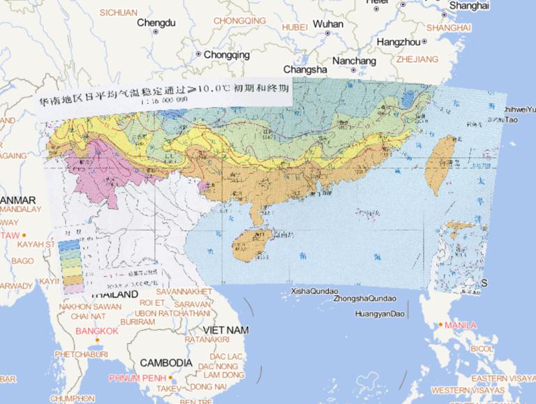 Online map of daily average temperature stability by ≥10.0 ℃ in South China( initial and final)