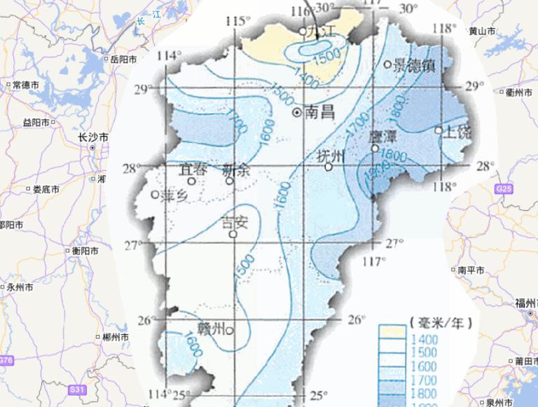 Online map of annual precipitation in Jiangxi Province, China