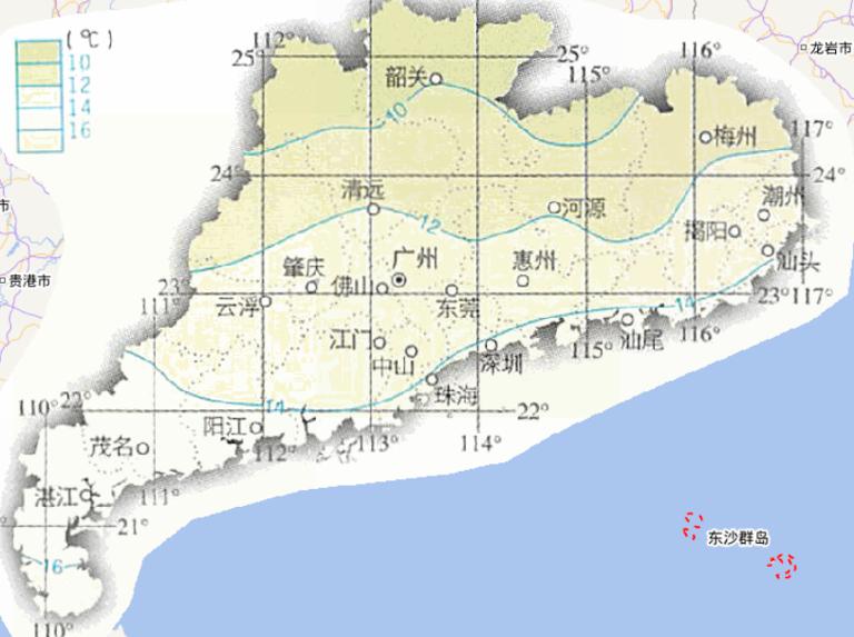 Online map of January average temperature in Guangdong Province, China