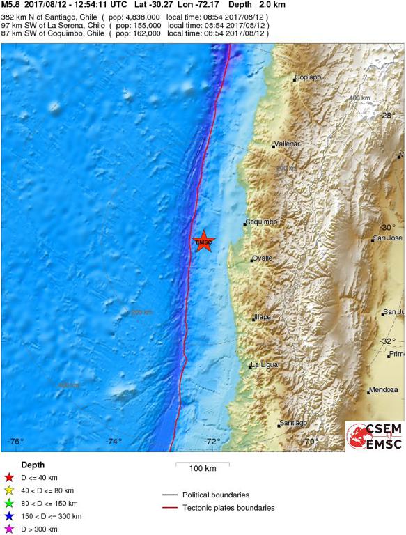 August 12, 2017 Earthquake Information of  Offshore Coquimbo,Chile