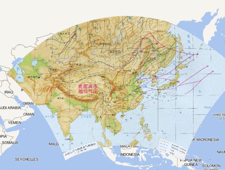 Map of climatological front and cyclone path in China in July