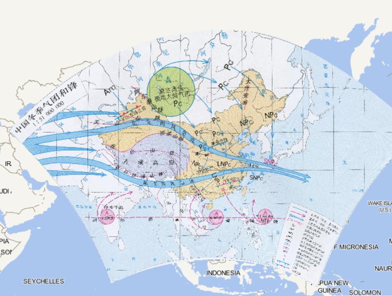 Map of winter air mass and frontal edge in China