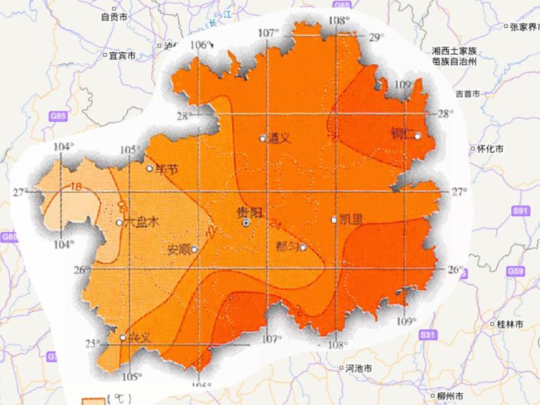 Online map of July average temperature in Guizhou Province, China