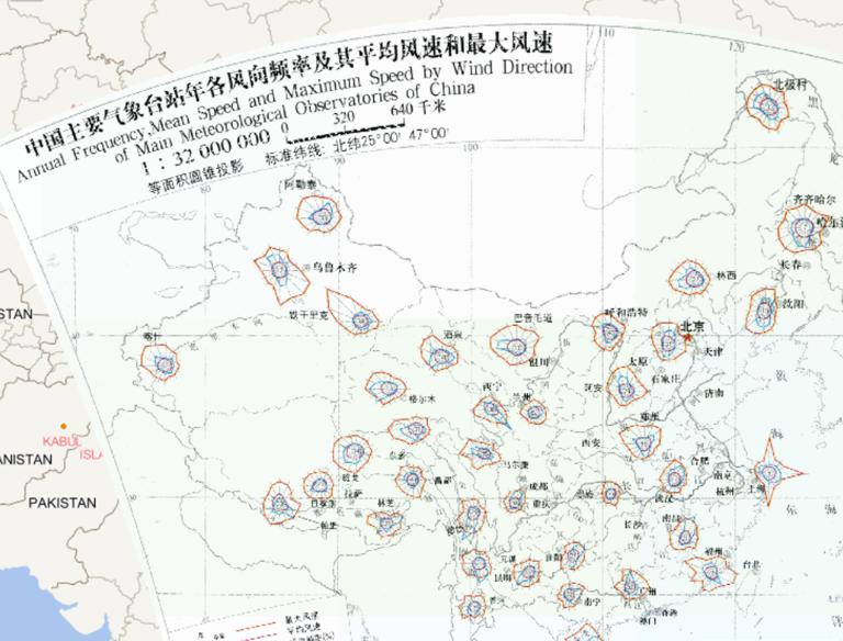 The annual wind direction frequency and average wind speed and maximum wind speed of major meteorological stations in China