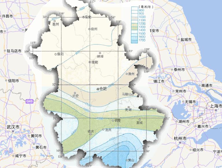 Online map of annual precipitation in Anhui Province, China