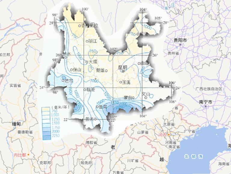 Online Map of Annual Precipitation in Yunnan Province, China