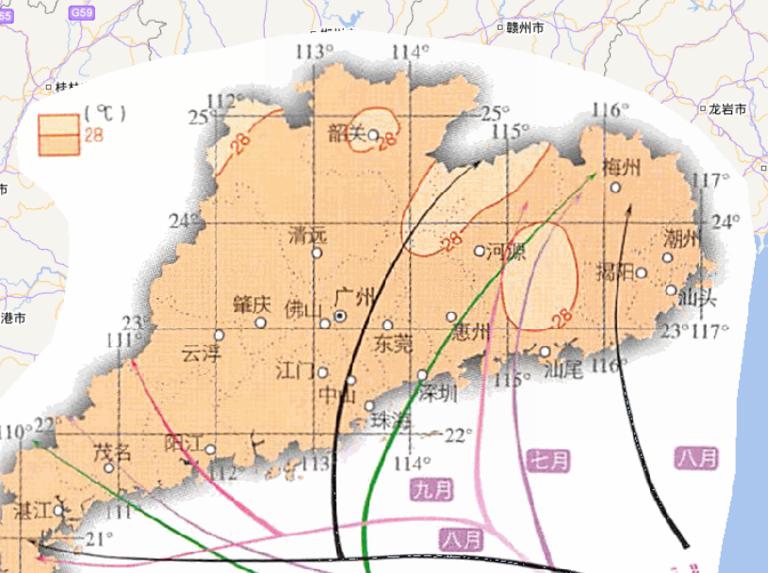 Online map of July average temperature in Guangdong province, China