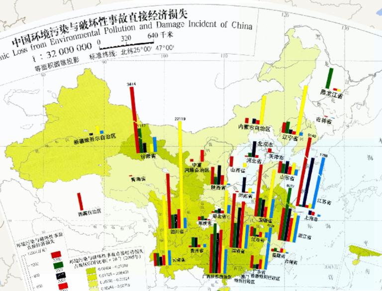 Online map direct economic losses caused by environmental pollution and destructive accidents in China (1: 32 million)