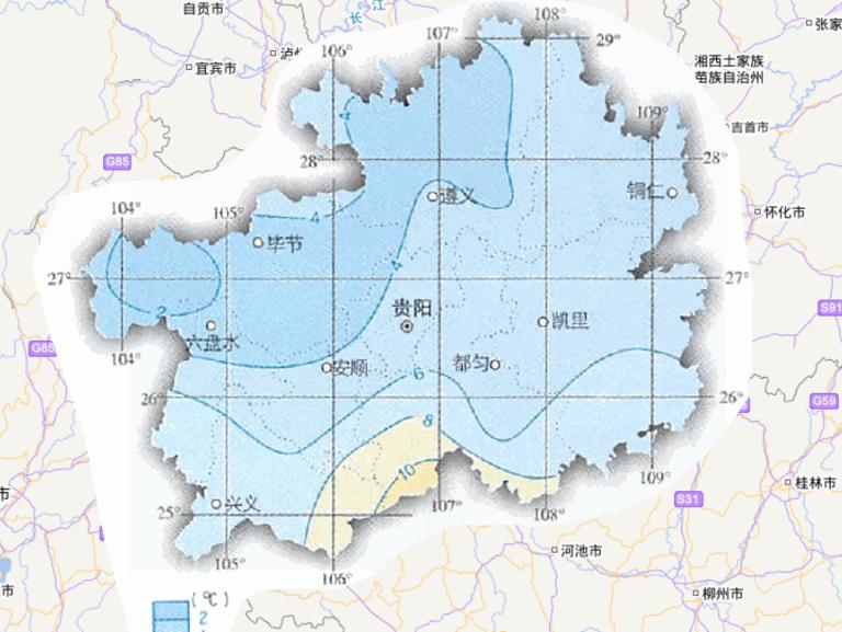 Online map of January average temperature in Guizhou Province, China