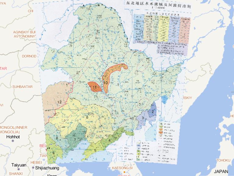 The Northeast China River Basin and river freeze up period online map