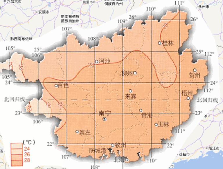 Online map of July average temperature in Guangxi Zhuang Autonomous Region, China