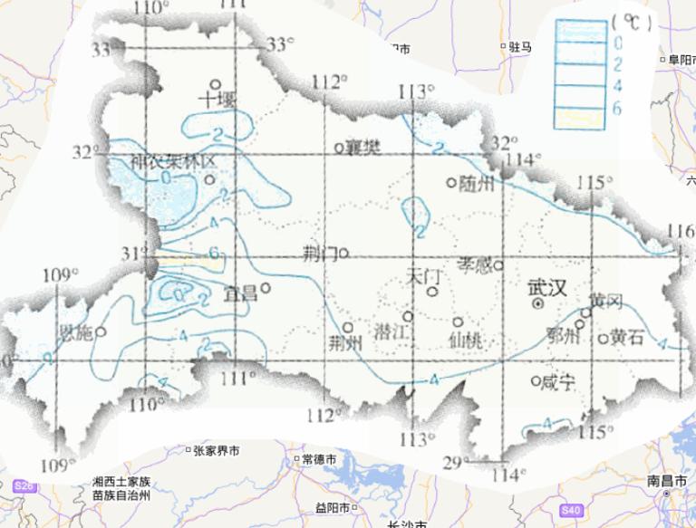 Online map of January average temperature in Hubei Province, China