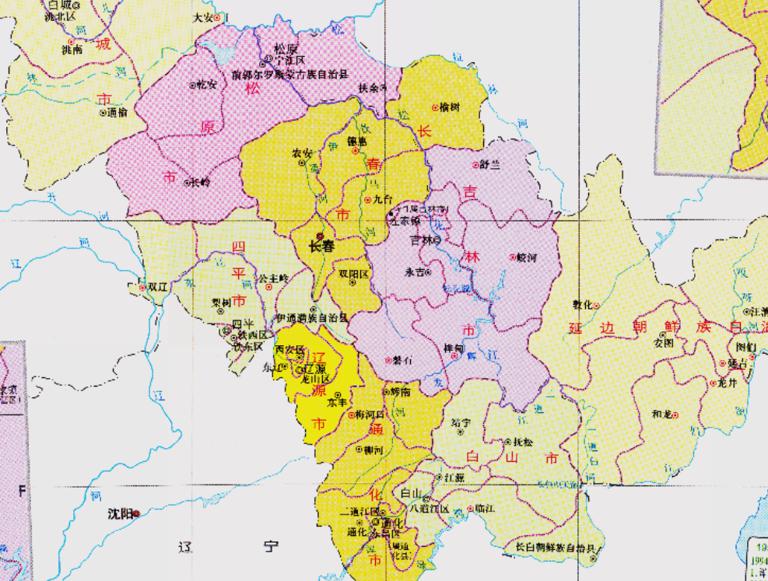 History map of administrative division (1994-1999) in Jilin Province, China