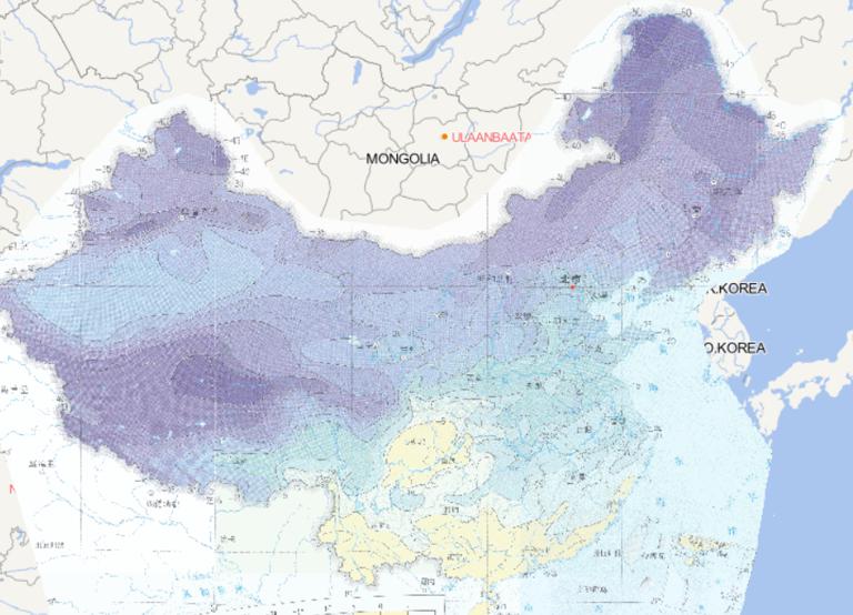 Online map of January minimum daily temperature distribution in China