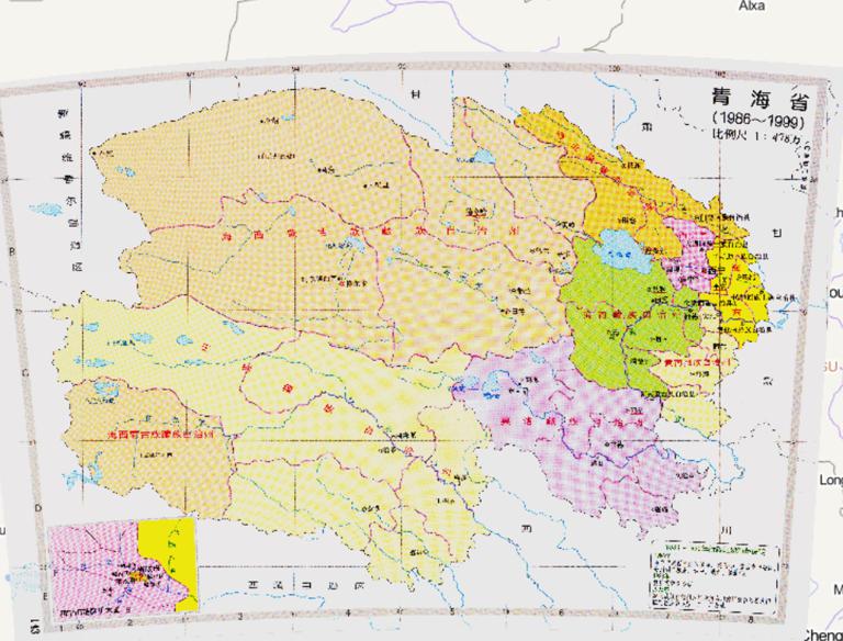 History map of administrative division (1986-1999) in Qinghai Province, China