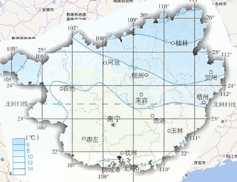 Online map of January average temperature in Guangxi Zhuang Autonomous Region, China