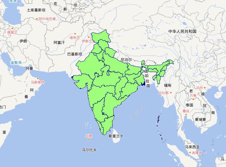 Online map of India level 1 administrative boundaries