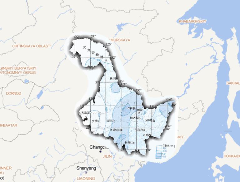 Online map of annual precipitation in Heilongjiang Province, China