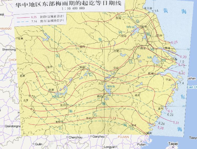 The line map of  Meiyu period starting and ending date of eastern China