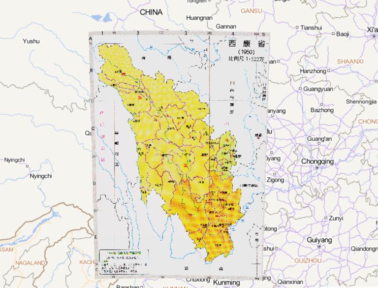 Historical map of Xikang province, China in 1950