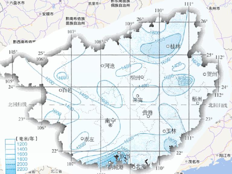 Online map of annual precipitation in Guangxi Zhuang Autonomous Region, China