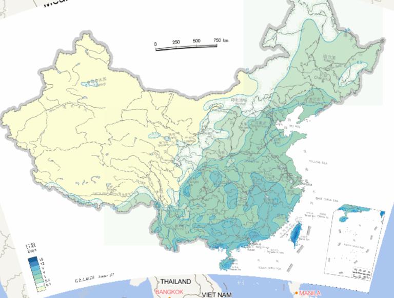 Online map of Annual average rainfall of more than 50 mm days in China