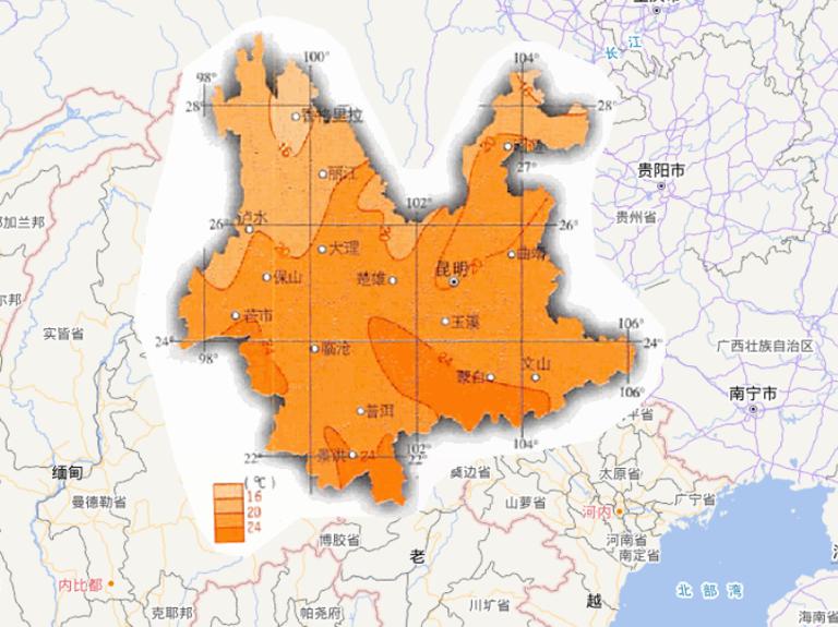 Online map of July average temperature in Yunnan Province, China