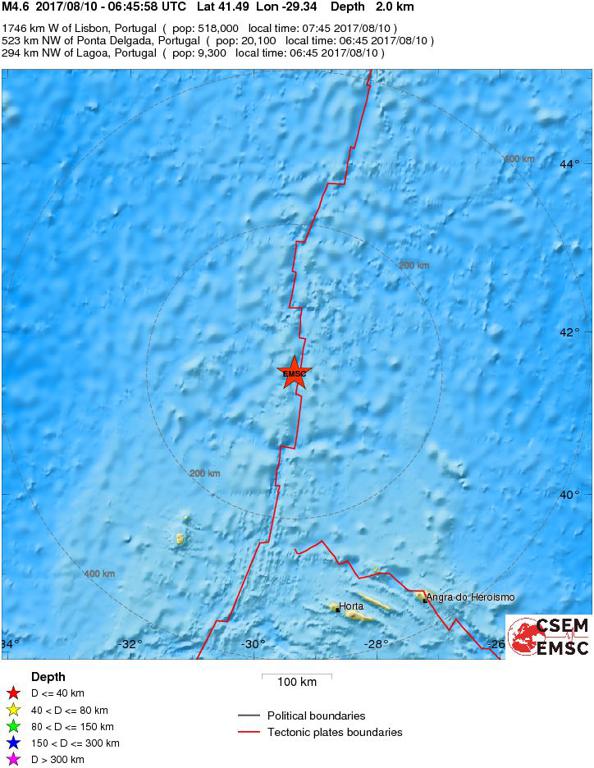 August 10, 2017 Earthquake Information of  	Azores Islands