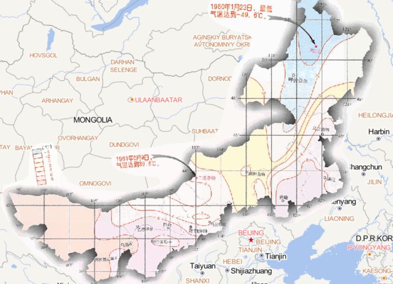 Online map of annual average temperature in Inner Mongolia, China