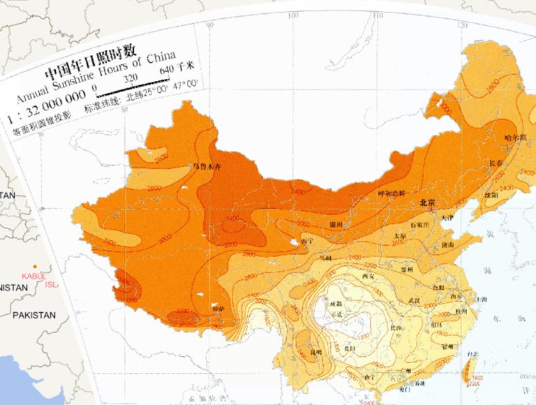 Online map of annual sunshine hours in China