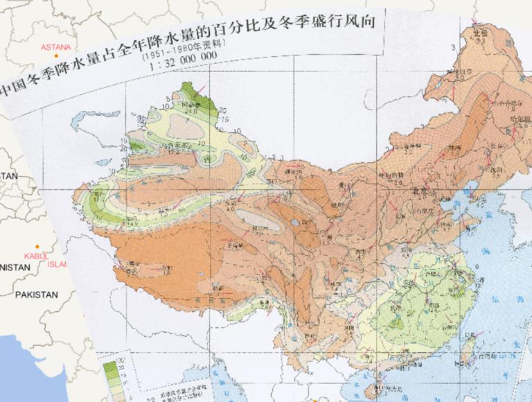 Percentage of winter precipitation in China as a percentage of annual precipitation and winter prevailing wind (1951-1980 data) Online map