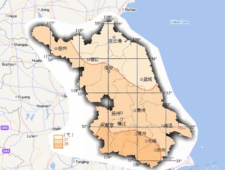 Online map of July average temperature in Jiangsu Province, China