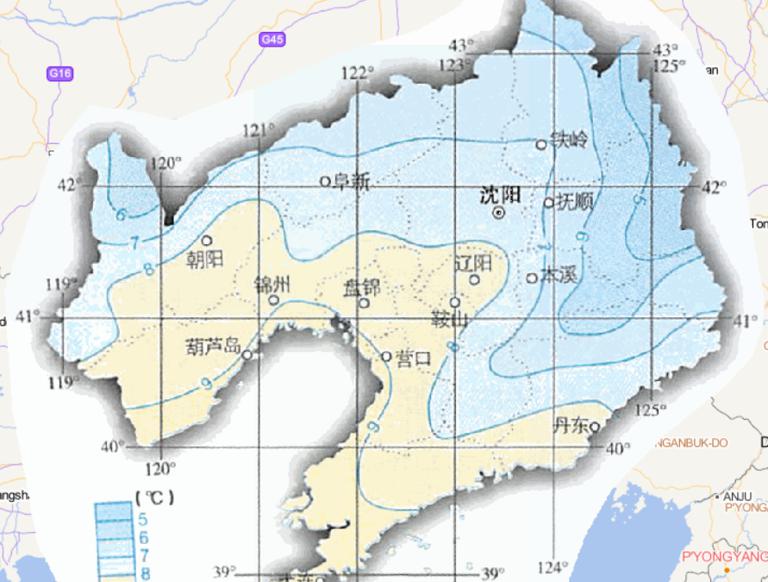 Online map of annual average temperature in Liaoning Province, China