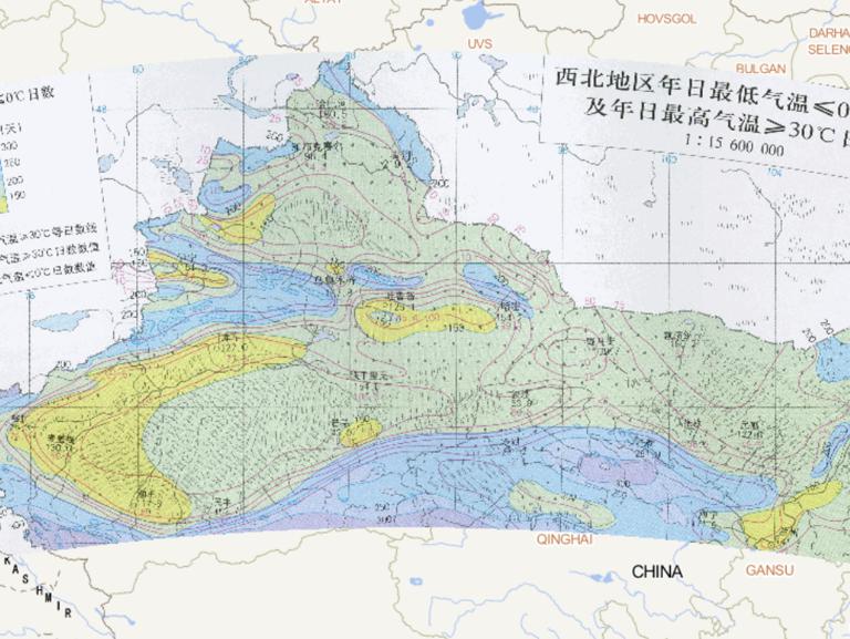 Northwest China, the  number of days of minimum temperature ≤ 0 ℃ and the number of days of maximum temperature ≥ 30 ℃